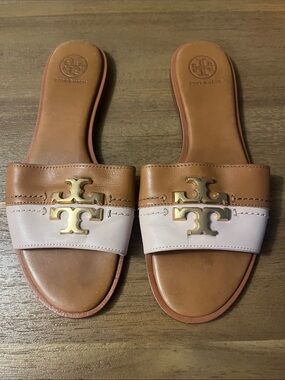 Tory Burch Two-Tone Tan and Pale Pink Leather Slide Sandals with Gold Logo
